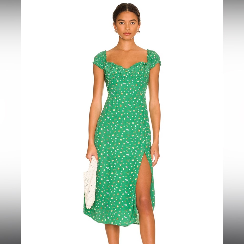 ASTR Keepsake Floral Sweetheart Neck Puff Sleeve Midi Dress - Green Floral / S